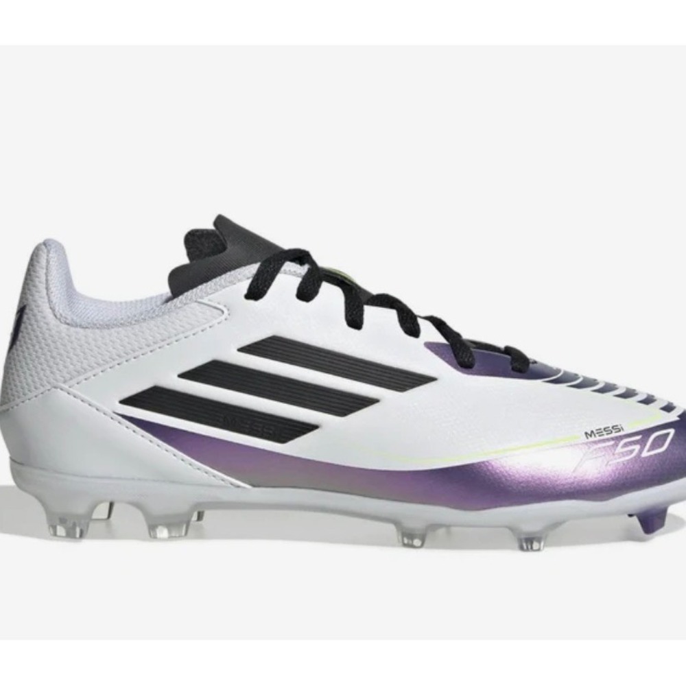 ADIDAS KIDS F50 LEAGUE FG/MG MESSI MULTI-GROUND SOCCER CLEATS WHITE/BLACK/PURPLE